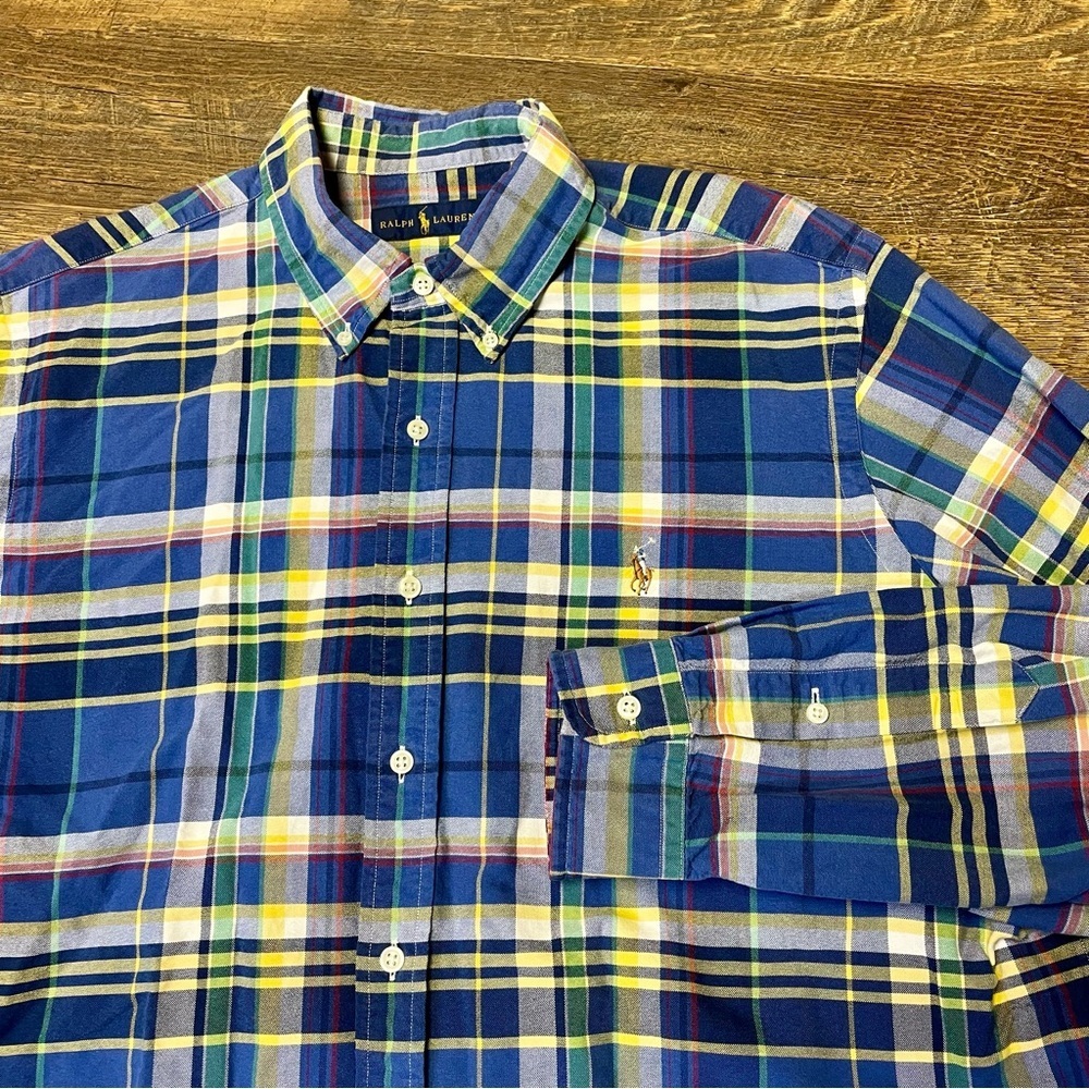 Ralph Lauren Plaid Button Shirt Mens XL Long Sleeve Cotton Yellow Blue Green